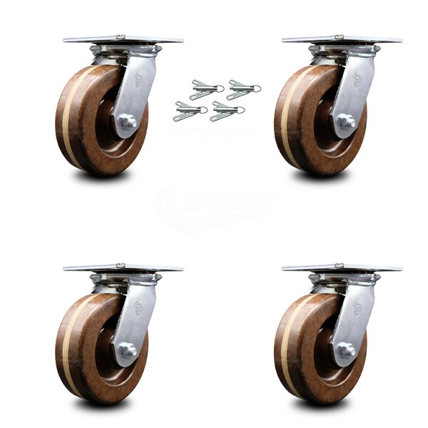 6 Inch High Temp Phenolic Caster Set with Roller Bearings and Swivel Locks SCC